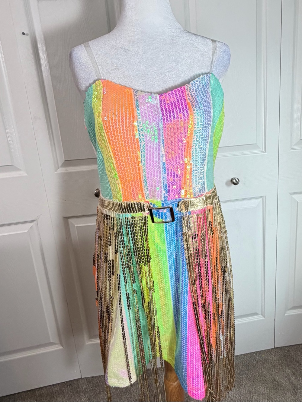 Neon Rainbow Sequin Fringe Mini Dress NWT L
90’s colorful festive party dress